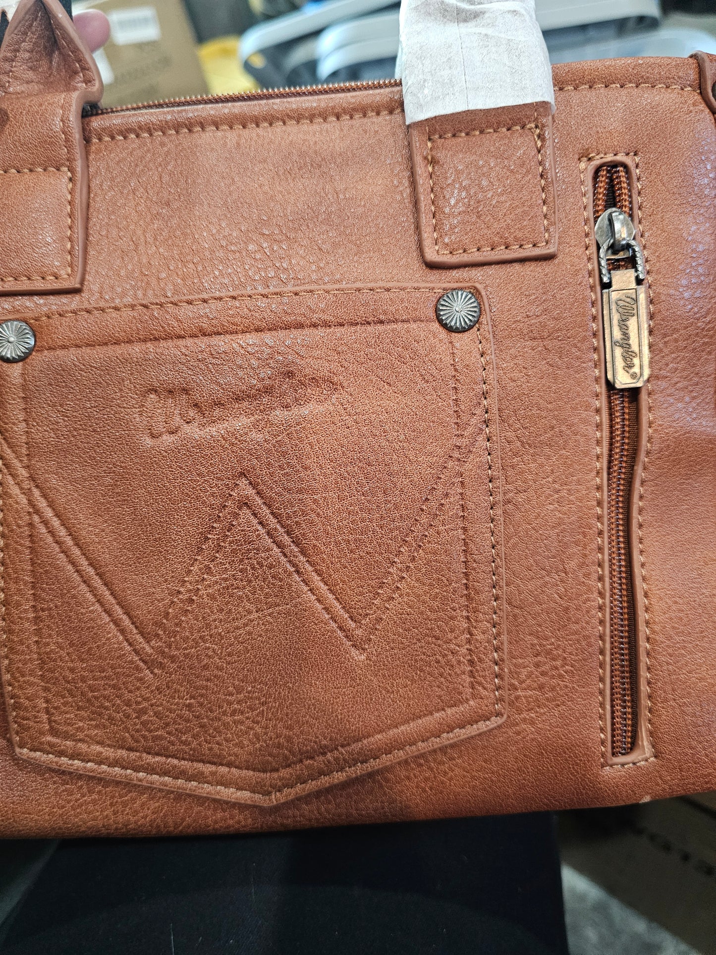 Wrangler Concealed Carry CrossBody Brown Tote with Cowprint Trim