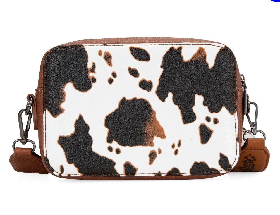 Wrangler Cow Print Crossbody Purse With Wallet Compartment - Brown