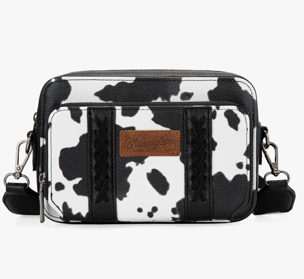 Wrangler Cow Print Crossbody Purse With Wallet Compartment - Black