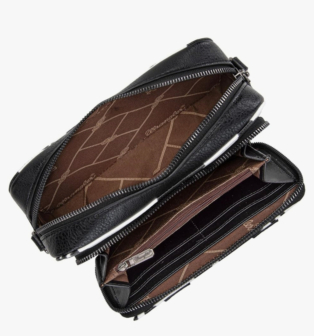 Wrangler Cow Print Crossbody Purse With Wallet Compartment - Black