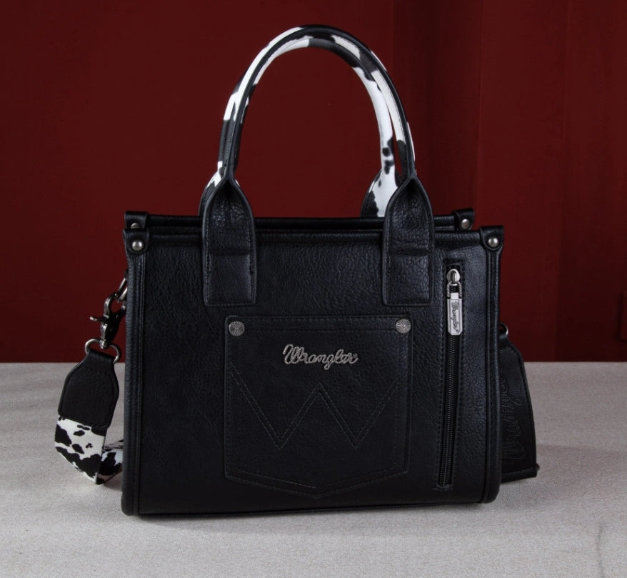 Wrangler Concealed Carry Crossbody Tote with cowprint accent BLACK