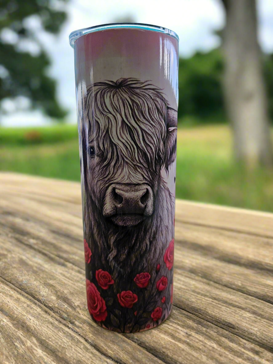 Highland Cow with roses 20oz Insulated Tumbler