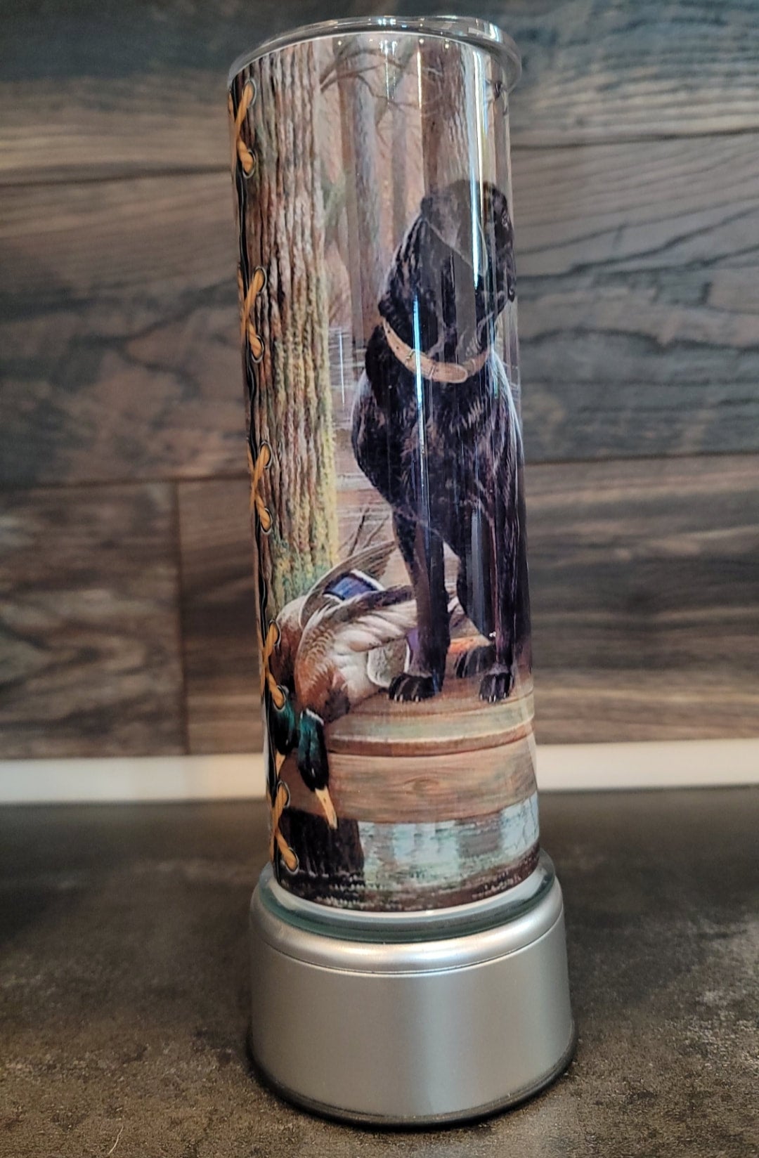 Black Lab On Dock With Ducks Painting 20oz