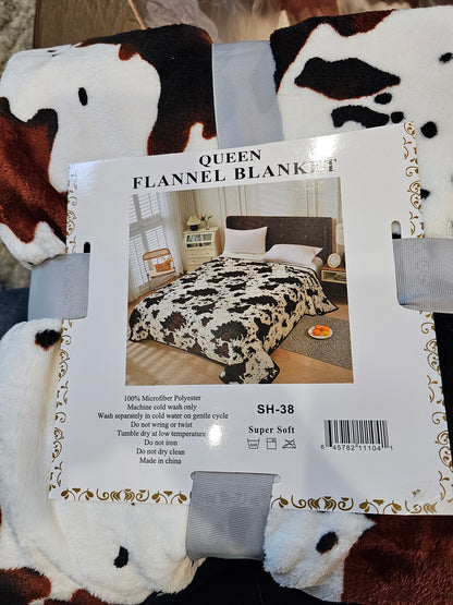 Queen CowPrint Blanket Brn/Blk
