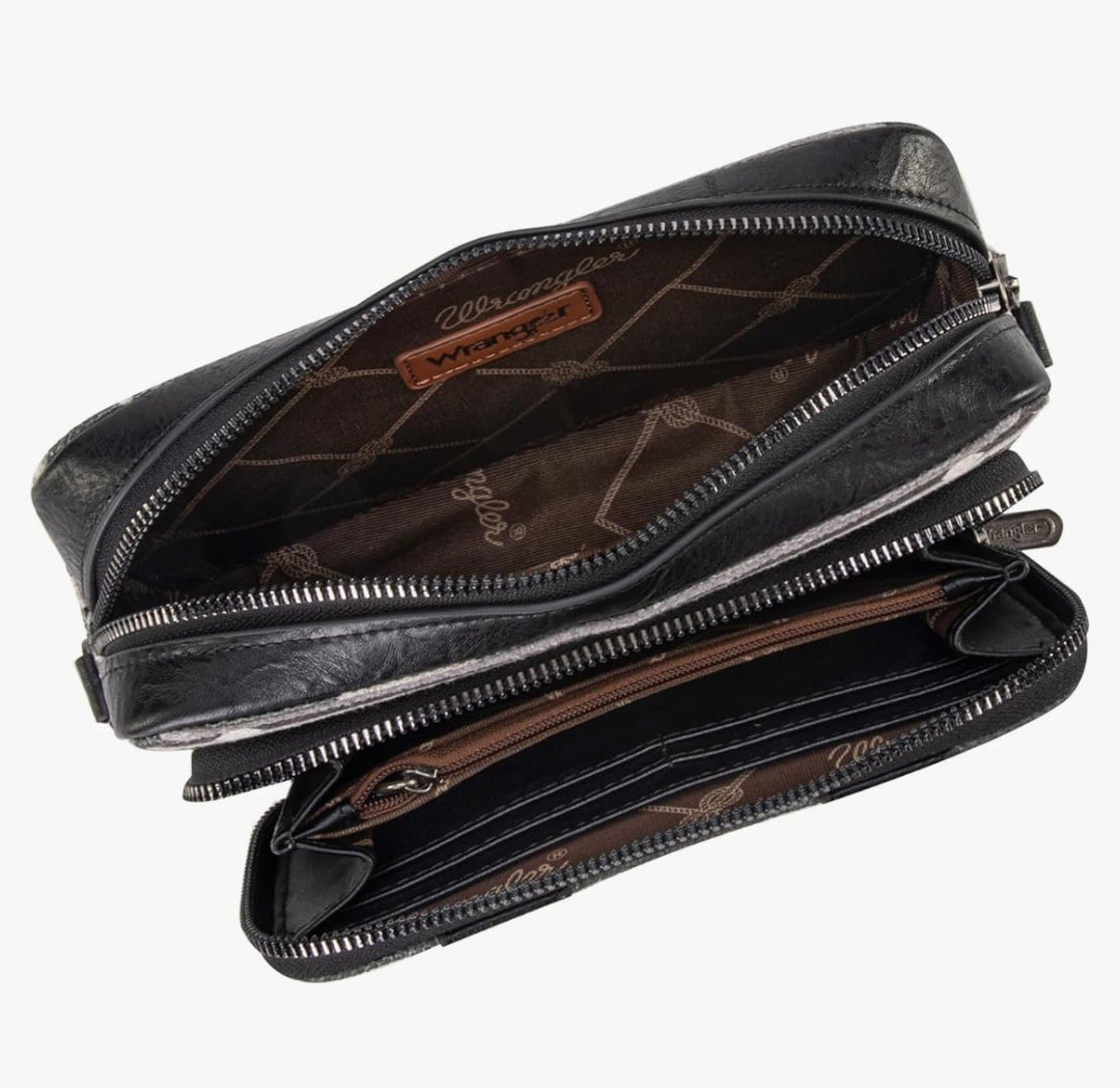 Wrangler Aztec Printed Crossbody Purse With Wallet Compartment - Black
