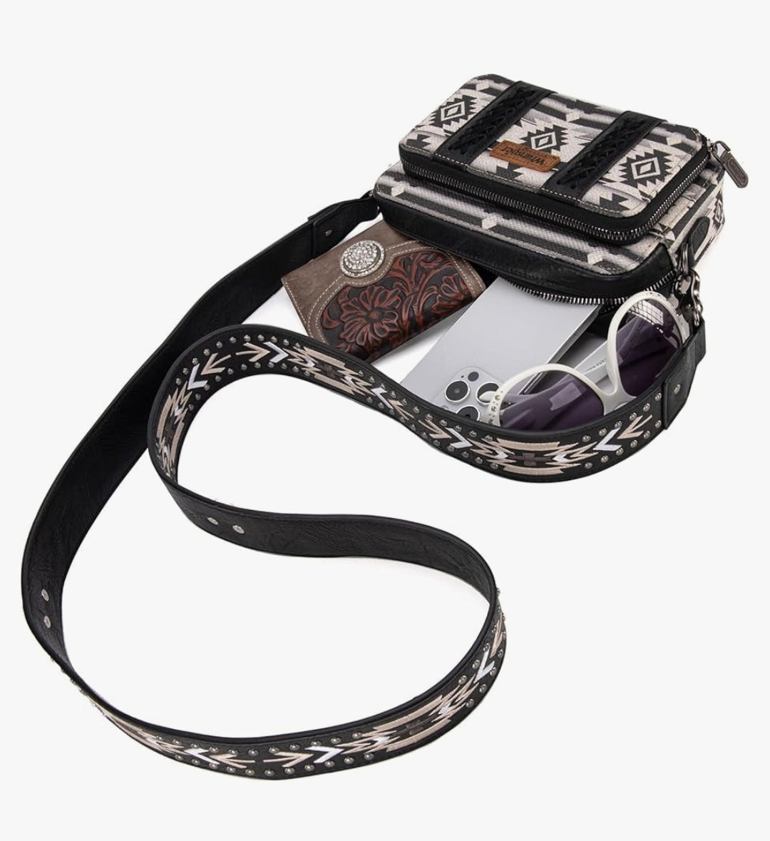 Wrangler Aztec Printed Crossbody Purse With Wallet Compartment - Black