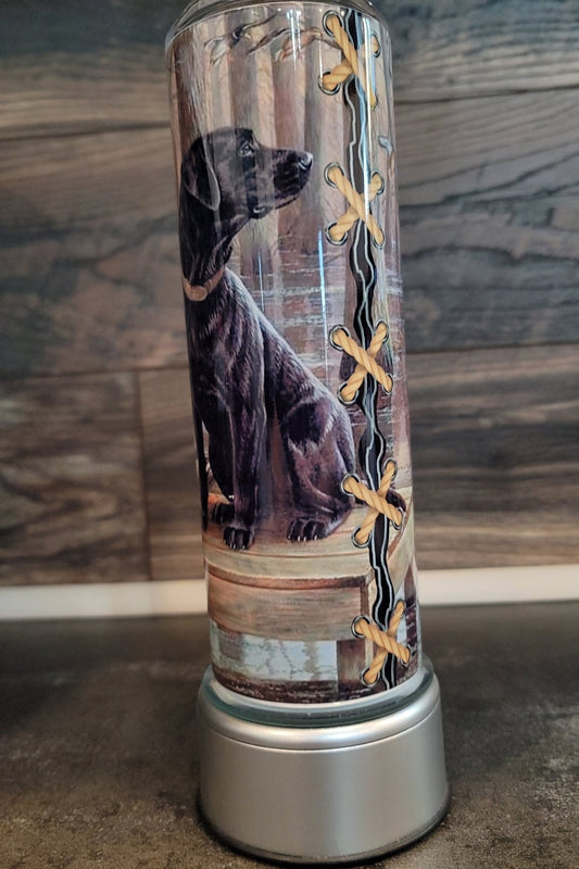 Black Lab On Dock With Ducks Painting 20oz